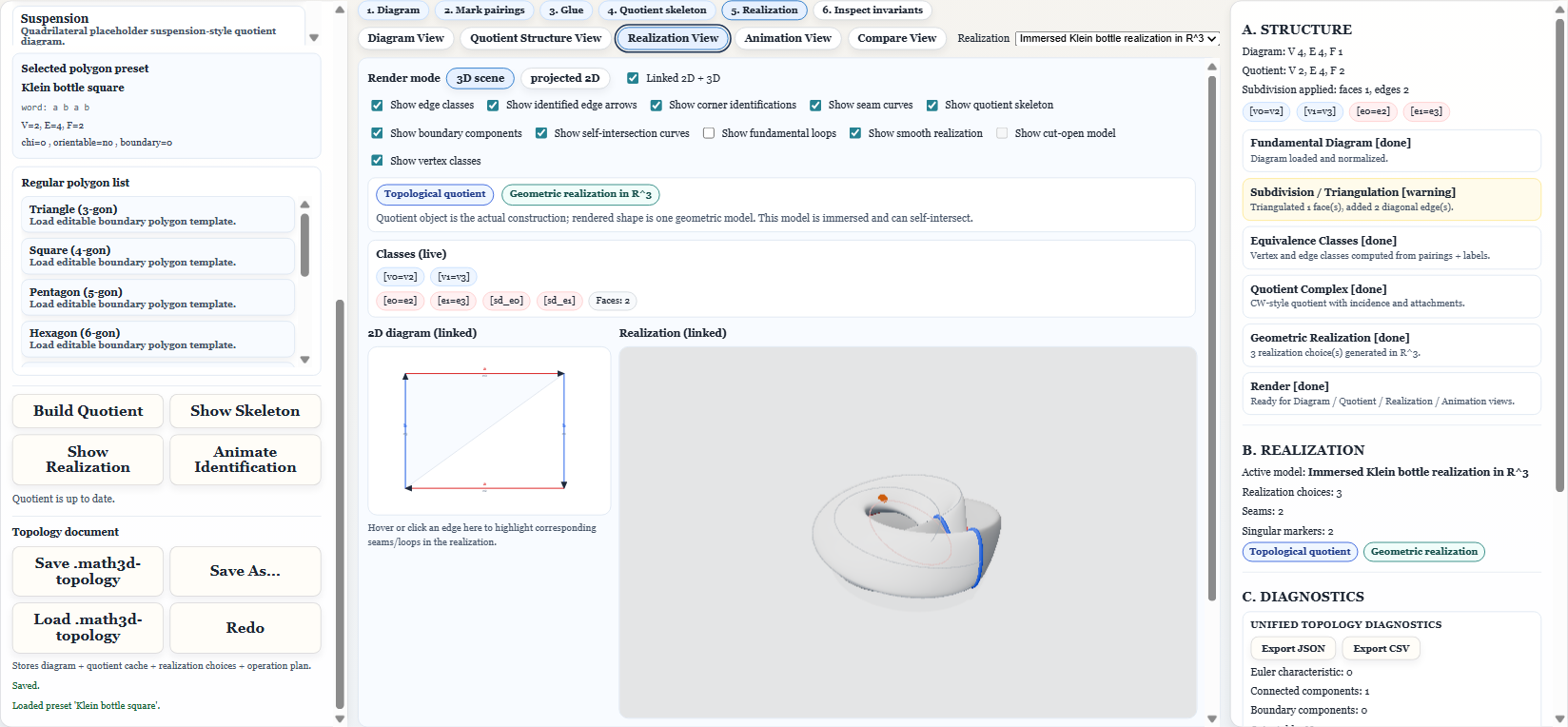 Main viewer screenshot of Topology module with Klein bottle realization view